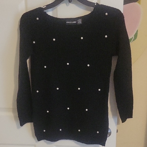 Jennifer Lauren SzXL Black Ribbed cotton blend Sweater with Pearl Embellishments - Picture 1 of 4